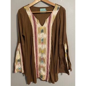 Judith March Tunic Top Womens Medium Brown Aztec Embroidered Bell Sleeve Boho